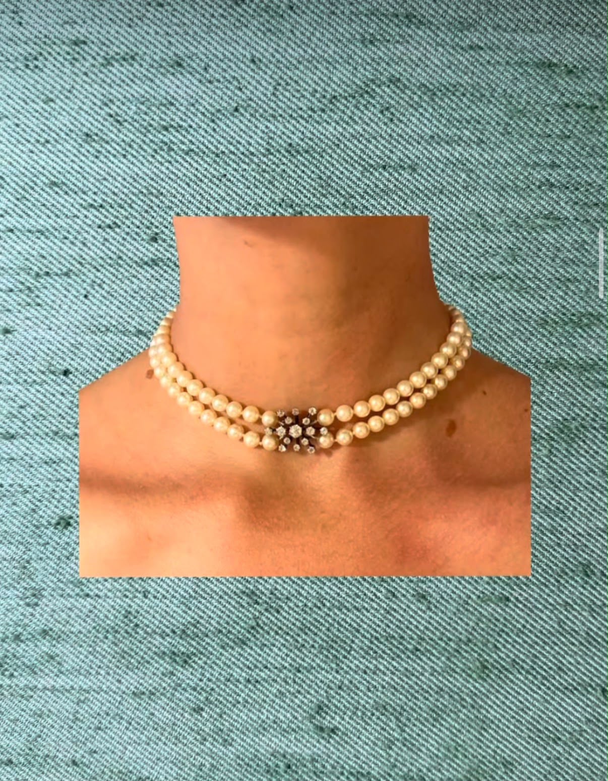 Old-cut diamond and pearl double-strand choker necklace on a mannequin bust